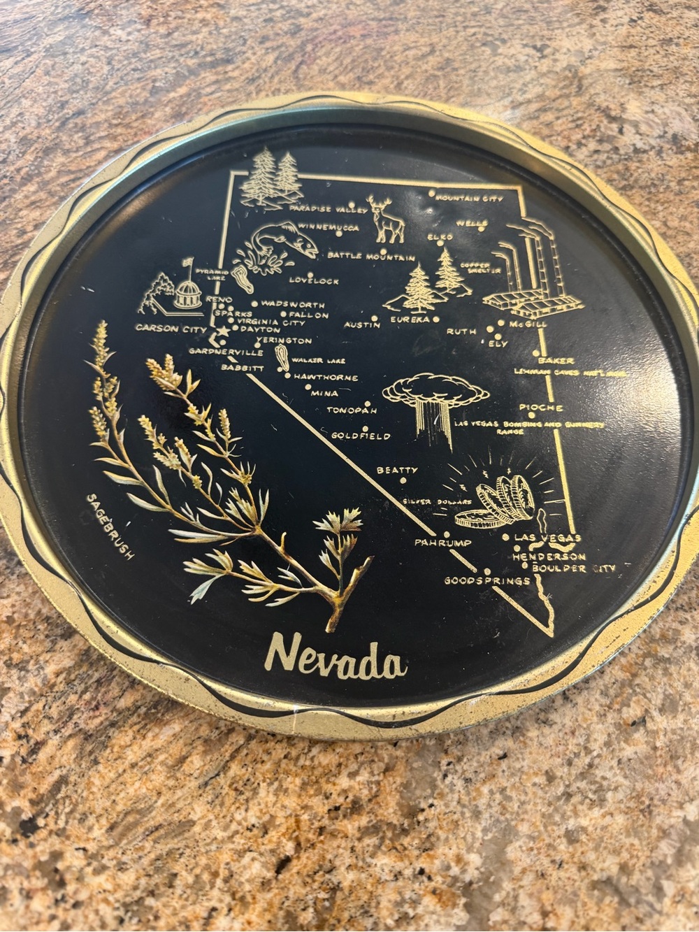 Vintage Metal  Nevada Souvenir Decorative Tray - Black & Gold